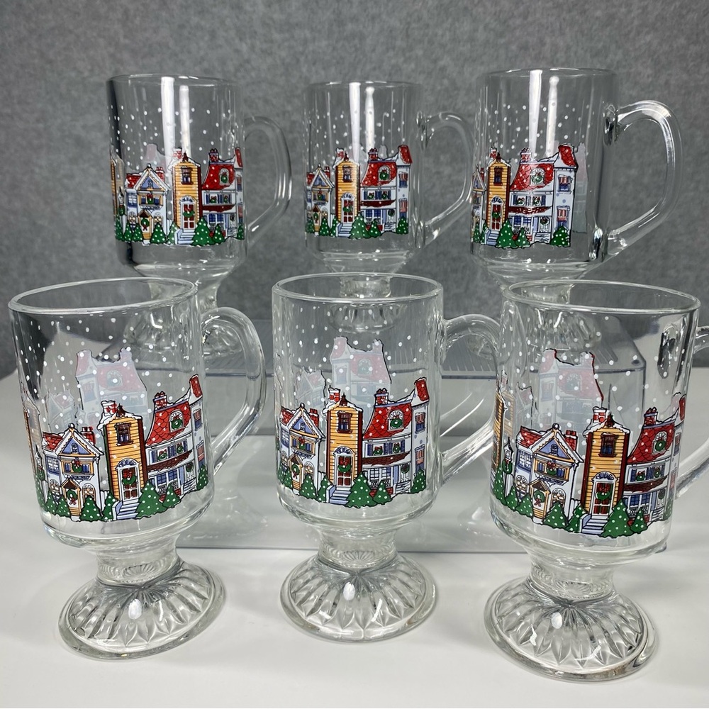 6 Vtg Christmas‎ Pedestal Handled Glasses Village Snow Winter Mugs